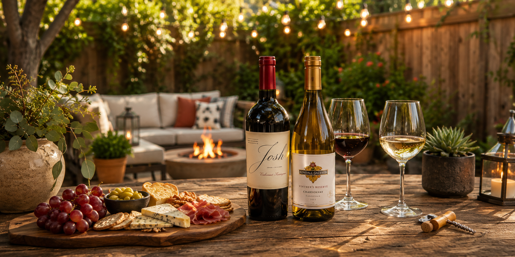 Wine bottles and glasses on outdoor table