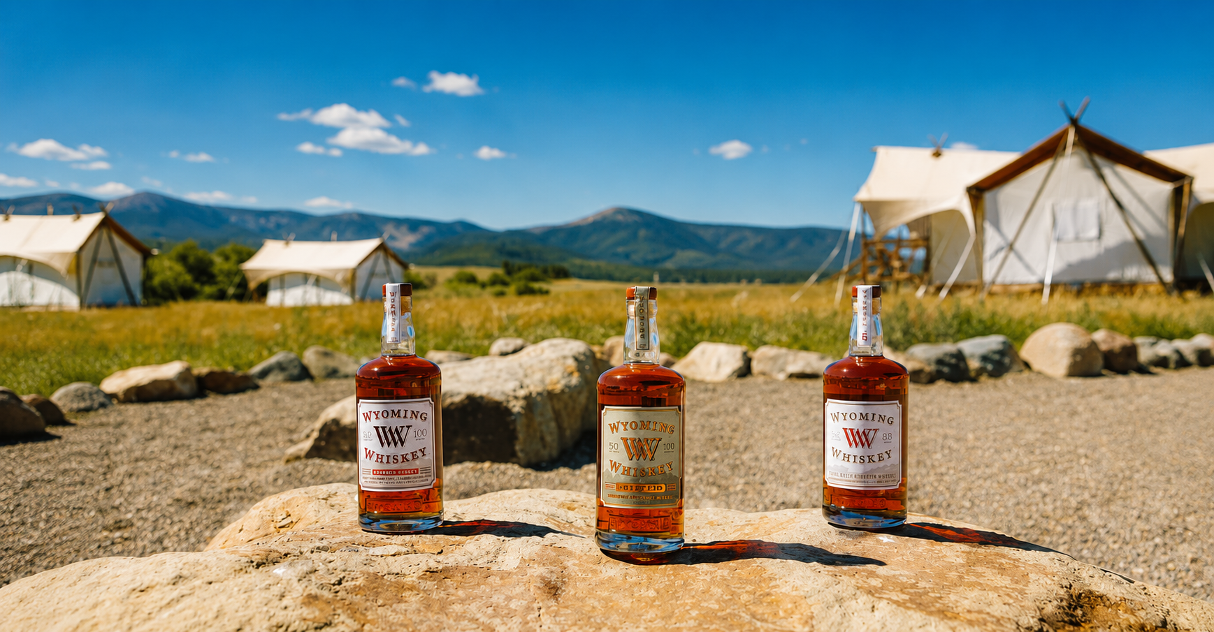 Wyoming Whiskey bottles on a rock with glamping tents and mountains